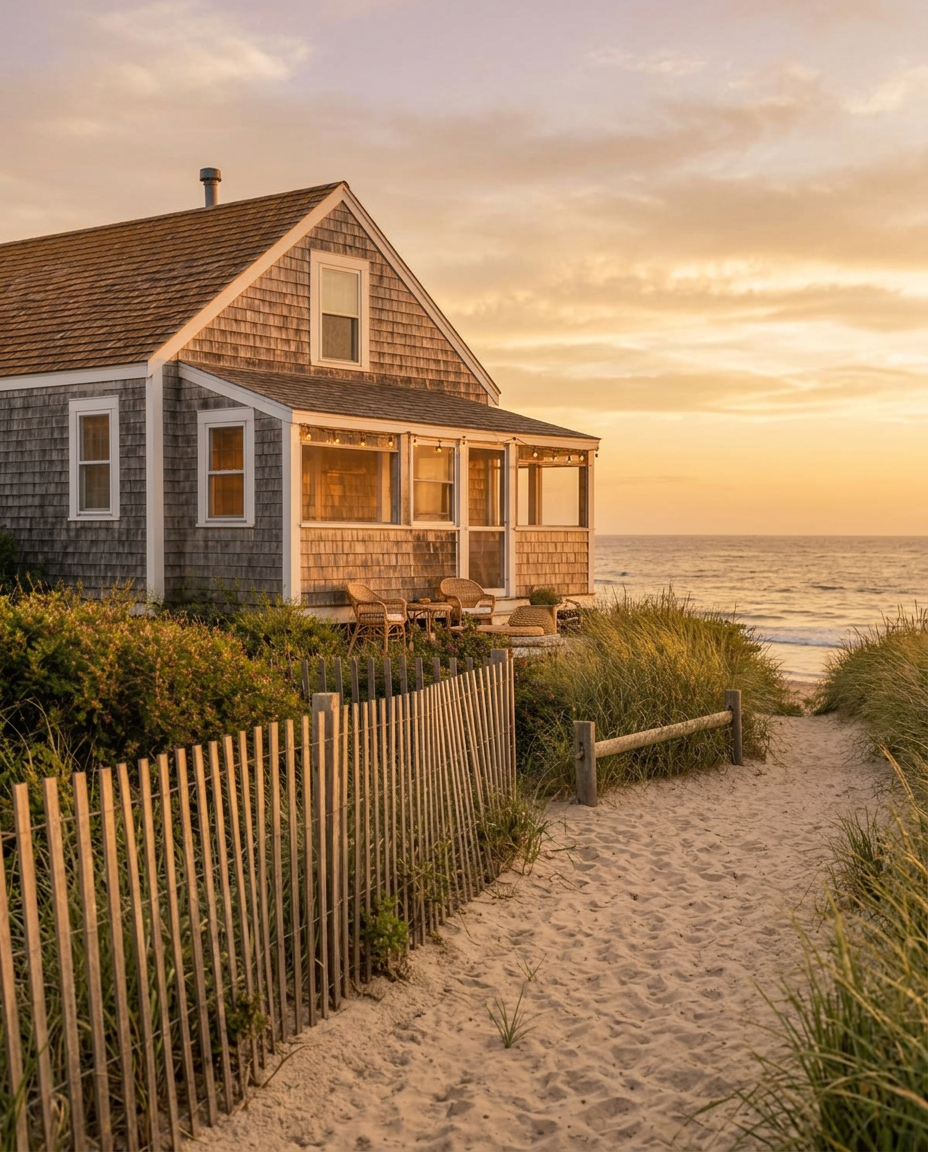 A peaceful coastal beach house with dune grass and a sandy path leading to the ocean at golden hour