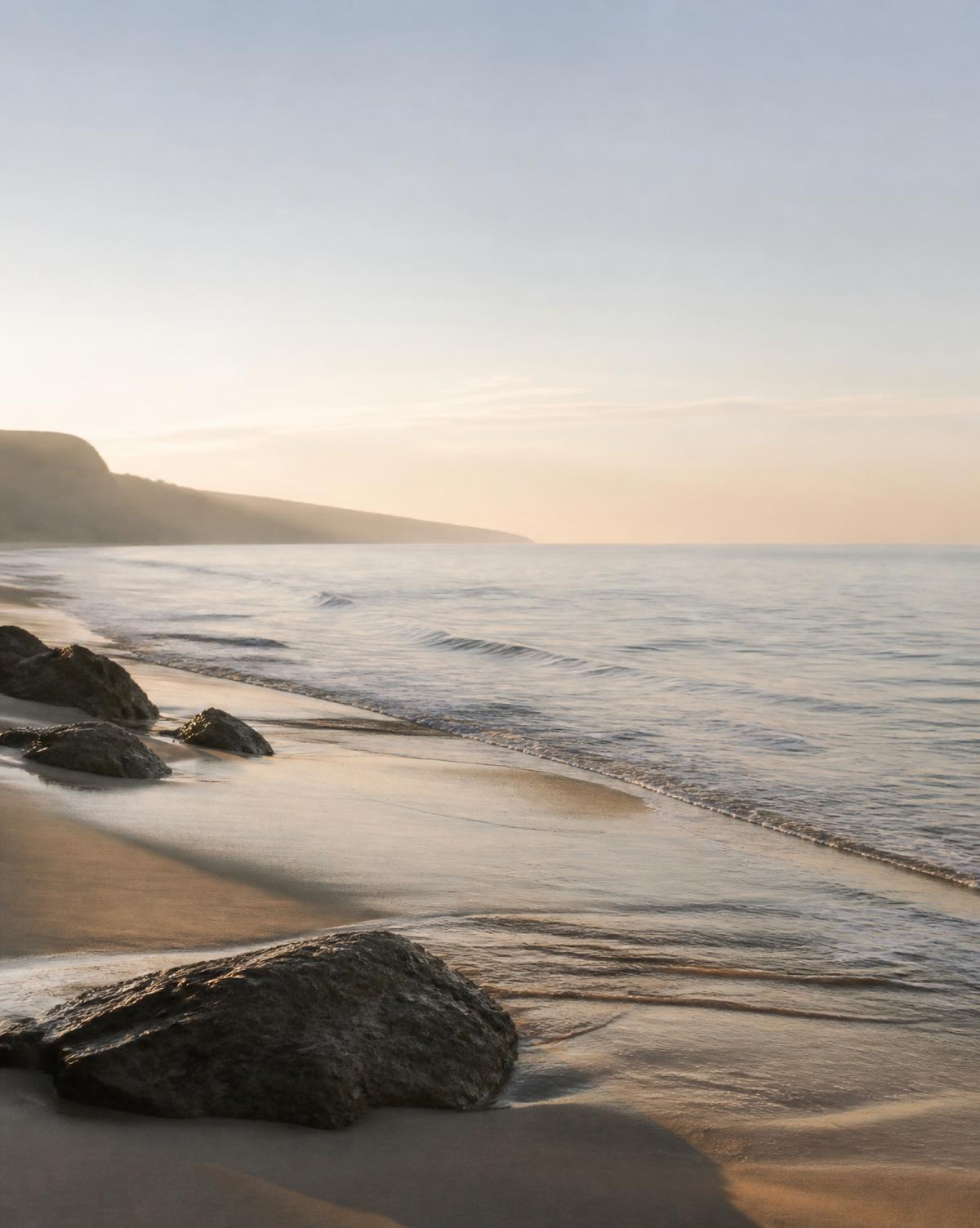 A quiet shoreline at dawn with gentle waves and smooth sand