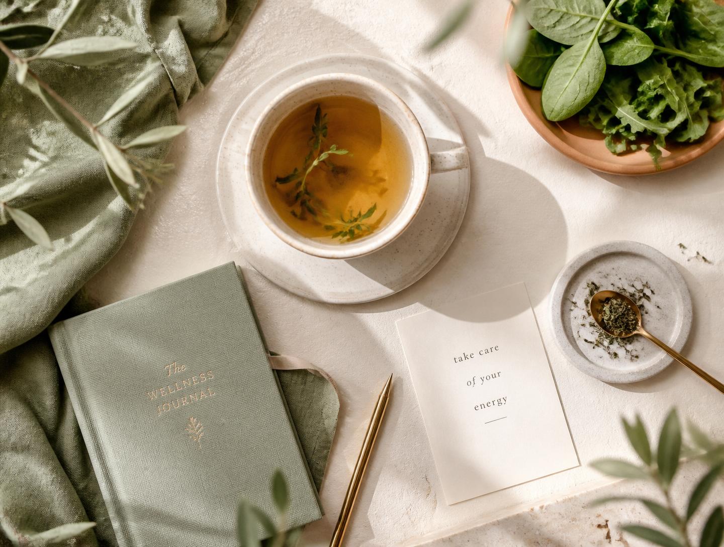 Calm wellness morning ritual with herbal tea and journal